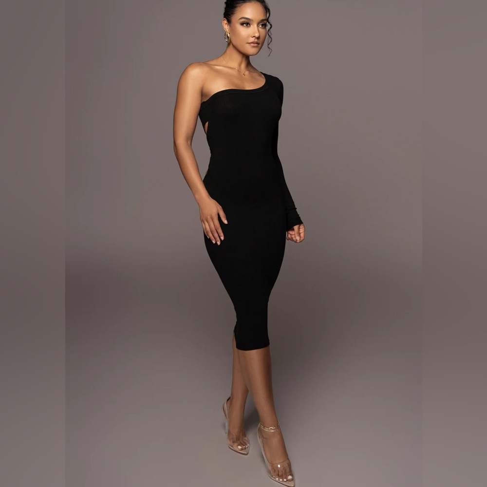 JLUXLABEL Ribbed Black Vixen One Shoulder Dress